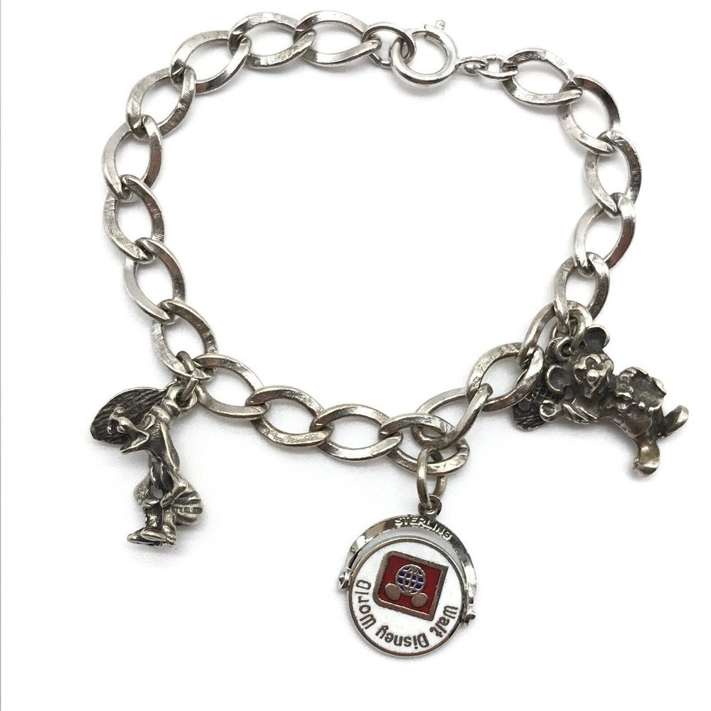 Disney Vintage 925 Sterling Silver Mickey Goofy Enamel Charm Bracelet